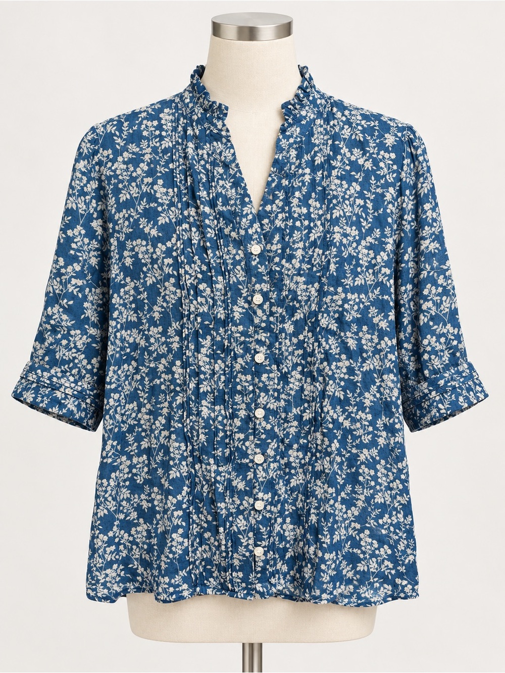 Trovata Birds of Paradise blue floral short-sleeve cotton ramie medium women’s